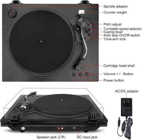 Vista 6 de Tocadiscos para vinilo con altavoces, tocadiscos Bluetooth de 2 velocidades, con contrapeso ajustable, soporte RCA, sistema estéreo para el hogar