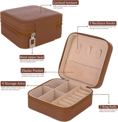 Vista 3 de KElofoN Organizador de joyas de viaje, joyero de viaje, caja organizadora de joyas pequeña para niñas y mujeres (1, marrón)