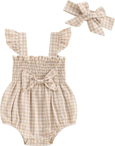 Vista 23 de Body sin mangas para bebé recién nacida con cuello halter y volantes, mameluco enterizo con diadema, conjunto de ropa de verano Albaricoque
