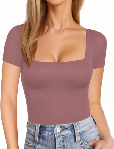 Vista 41 de MANGOPOP - Camisetas ajustadas de manga corta y manga larga con cuello cuadrado para mujer A01 Manga Corta Negro