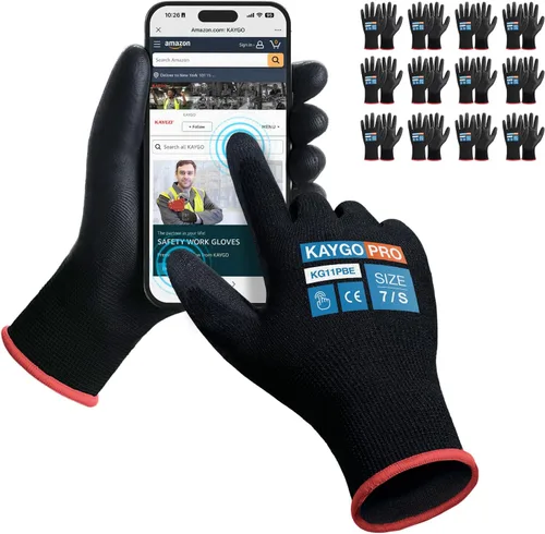 Vista 57 de KAYGO KG11PB - Guantes de trabajo de seguridad con revestimiento de poliuretano, 12 pares de guantes de punto sin costuras para hombres y mujeres