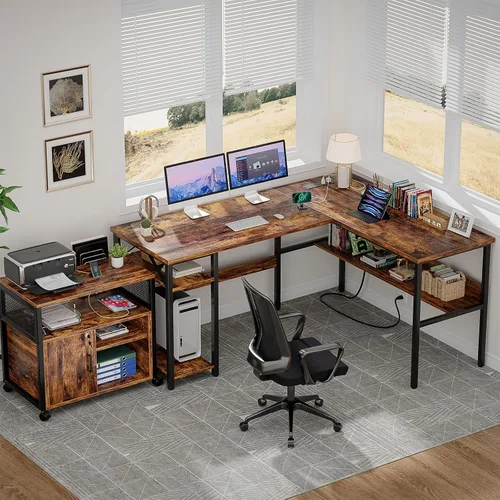 Vista 2 de Unikito Escritorio para computadora en forma de L con tomas de corriente mágicas y puerto de carga USB, escritorio esquinero reversible resistente