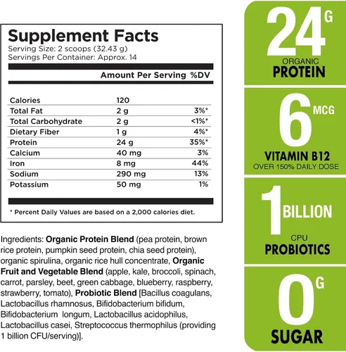 Vista 5 de Plantvital Proteína vegana orgánica sin sabor en polvo, 15 superalimentos, verduras y probióticos, proteína orgánica a base de plantas, todos