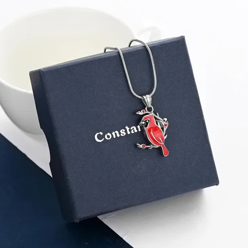 Vista 4 de constantlife Collar de urna cardenal para cenizas, de acero inoxidable, colgante de pájaro rojo y azul, recuerdo de cremación, joyería conmemorativa