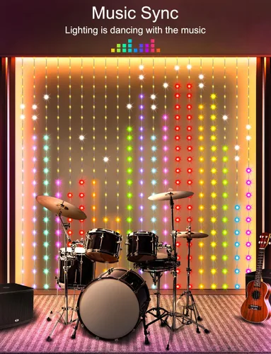 Vista 5 de Luces de cortina inteligentes LumBelle 6.6x6.6 pies, luz de cortina de 400 LED con control remoto por aplicación, sincronización con música, luces