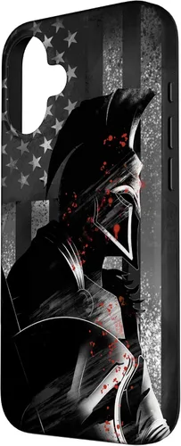 Vista 2 de Funda patriótica para iPhone 16 con bandera de Estados Unidos Spartan Warrior griego antiguo