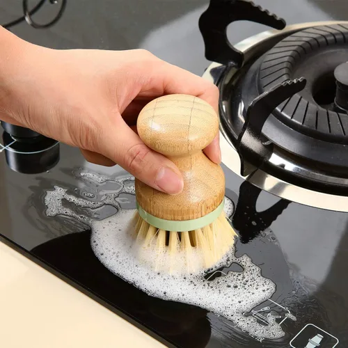 Vista 6 de 4 cepillos de bambú para fregar platos con soportes, de madera, de bambú, redondos, cerdas rígidas, cepillos para lavar platos, ollas, sartenes
