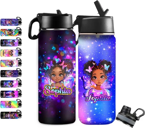 Vista 14 de InterestPrint Botella de agua personalizada para niños de 18 onzas con tapa de pajilla, botella de agua aislada de doble pared de acero inoxidable