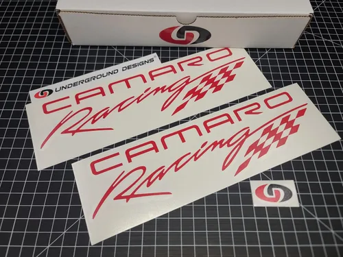 Vista 8 de Camaro Script Racing Calcomanías (2 unidades) Retro Side Rocker Panel Pegatinas LSX LTX Seleccionar Color: (negro brillante)