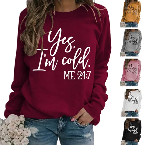 Vista 4 de Sudadera estampada con texto en inglés "I'm Yes Cold Me 247", de manga larga, cuello redondo, con letras, informal, holgada, para mujer