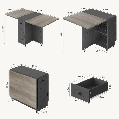 Vista 2 de Jocoevol Mesa de comedor plegable ahorradora de espacio para 4, mesa de comedor plegable estilo granja con cajón y estante de almacenamiento de 2
