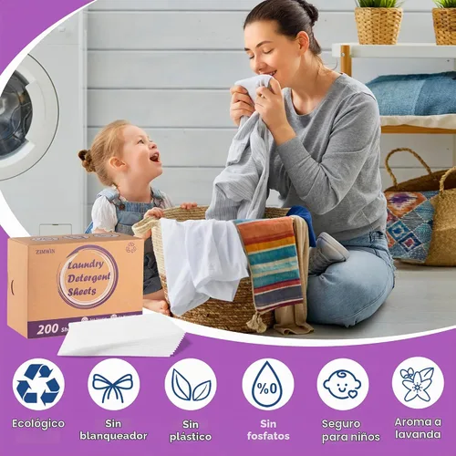 Vista 2 de Hojas de detergente para ropa, 200 tiras de jabón de lavanda - Sin envase de plástico, portátil para viajes, suministros de lavado sin líquido