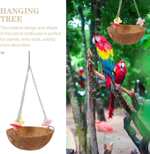 Vista 2 de POPETPOP Nido de pájaro de concha de coco natural – Nido mecedora colgante de pájaro caja nido de loro de coco jaula para pájaros de coco, cabaña