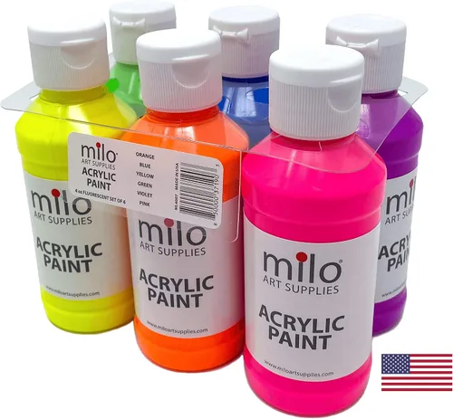Vista 4 de milo Juego de 6 pinturas acrílicas fluorescentes Botellas de 4 onzas Paquete de pintura acrílica de colores neón para estudiantes Hecho