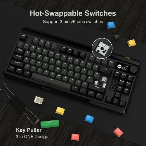 Vista 5 de Teclado XVX 75% con pantalla y perilla, teclado mecánico intercambiable en caliente, teclado mecánico inalámbrico M87 Pro Tri-Modo, teclado