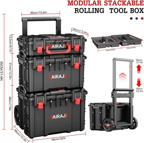 Vista 3 de Caja de herramientas rodante con ruedas resistente, organizador modular apilable, caja de herramientas impermeable para herramientas manuales