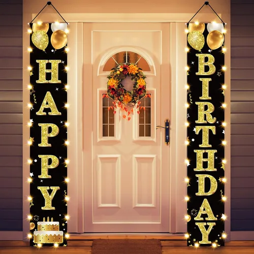 Vista 12 de Cartel de fiesta de cumpleaños número 18 con luces LED para hombres y mujeres - Carteles de puerta de cumpleaños número 18 en negro y dorado vintage