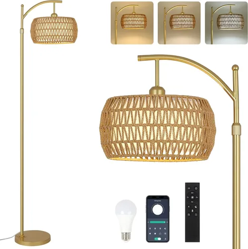 Vista 14 de Lámpara de pie de arco con control remoto, lámpara de pie LED regulable con 3 temperaturas de color, lámpara de pie negra con pantalla de doble