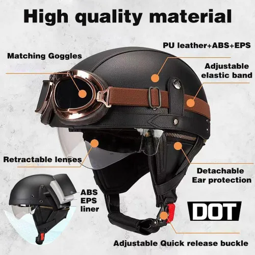 Vista 2 de Casco de motocicleta de cuero vintage alemán, medio casco para adultos con certificación DOT, para hombres y mujeres, con gafas y visera, para Azul