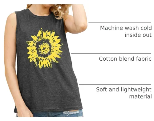 Vista 4 de JINTING - Camisetas sin mangas con estampado de girasoles para mujer de verano, camisetas sin mangas, con estampado y estilo bohemio Gris