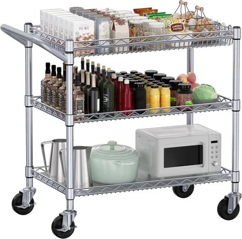 Vista 9 de WDT - Carrito utilitario rodante de gran capacidad de 680 libras, carritos rodantes de 2 niveles con ruedas, carrito de metal de grado comercial