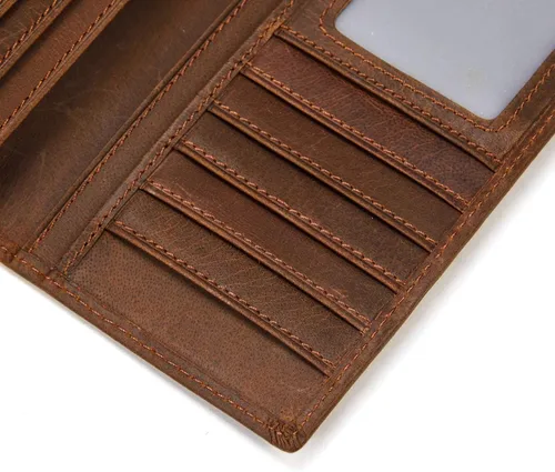 Vista 5 de Billetera larga de cuero genuino para hombre, cartera plegable grabada