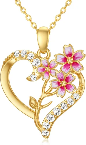 Vista 26 de Collar de flor de nacimiento de oro real de 14 quilates para mujer, oro amarillo creado moissanita con colgante de corazón, collares
