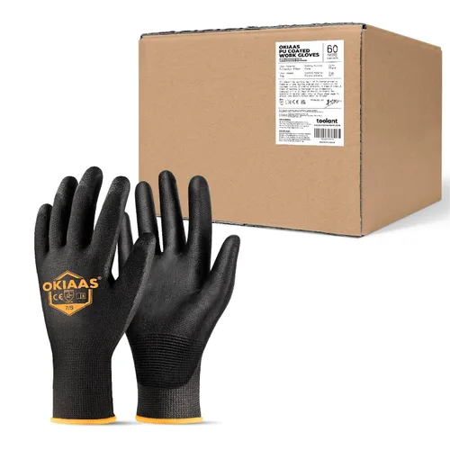 Vista 22 de OKIAAS Guantes de trabajo ultrafinos y ligeros para hombre con agarre, 12 pares, color negro, talla S