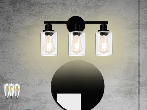 Vista 9 de Ldeco Luces de tocador de 3 luces para baño, lámpara de baño negra y dorada con pantalla de vidrio transparente de burbujas, luces modernas