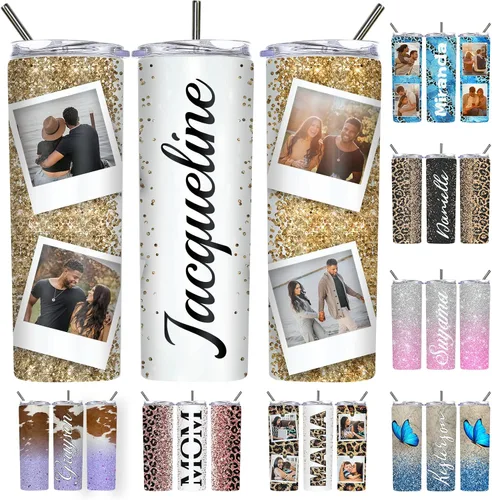 Vista 19 de Vaso delgado personalizado con purpurina con tapas y popotes, nombres, vasos de acero inoxidable personalizados con imagen para mujeres, hombres