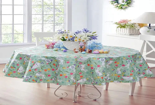 Vista 14 de Newbridge Blue Easter Cotton Tail Bunny Party 52 x 52 inch Square Vinyl Tablecloth with Flannel Backing, Bunny Rabbit, Easter Eggs and Floral Design