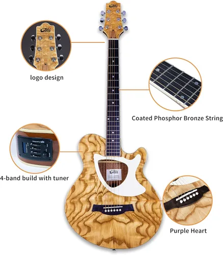 Vista 4 de Guitarra eléctrica acústica de 39 pulgadas, cuerpo delgado, afinador incorporado, cuerpo de acabado natural brillante de madera de fresno