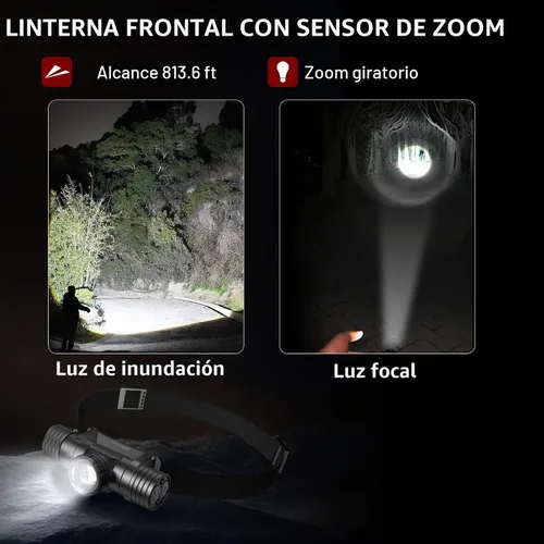 Vista 3 de Linterna frontal recargable, linternas frontales súper brillantes y con zoom, IPX6 resistente al agua, linterna frontal LED recargable con 6 modos
