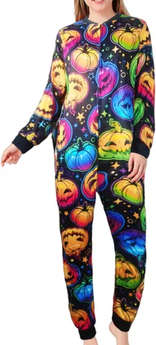 Vista 3 de AHAIJ Pijamas a juego para pareja, Halloween, calabaza, estampado de cara, pijamas para adultos, pijamas familiares de una pieza con bolsillos