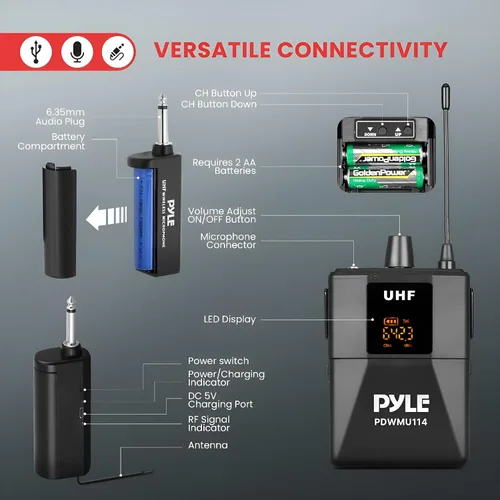 Vista 5 de Pyle Kit de Sistema de Micrófono Inalámbrico UHF - Set de Micrófono Inalámbrico Profesional Portátil Cordless - Auriculares, Lavalier, Transmisor