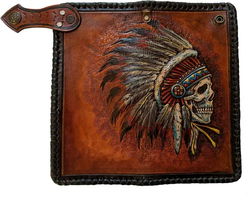 Vista 2 de Indian Chief - Cartera de piel con calavera para hombre, diseño tribal patriótico de nativos americanos con tocado de plumas Apache, billetera larga