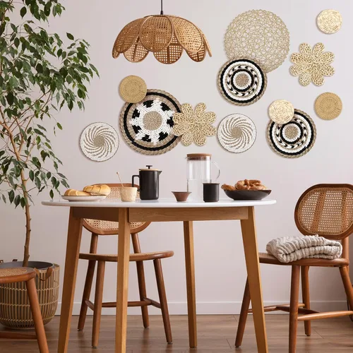 Vista 6 de Glenmal Juego de 13 cestas de pared estilo boho decoradas con ratán tejido plano hecho a mano, estilo bohemio de mimbre y bambú con decoración