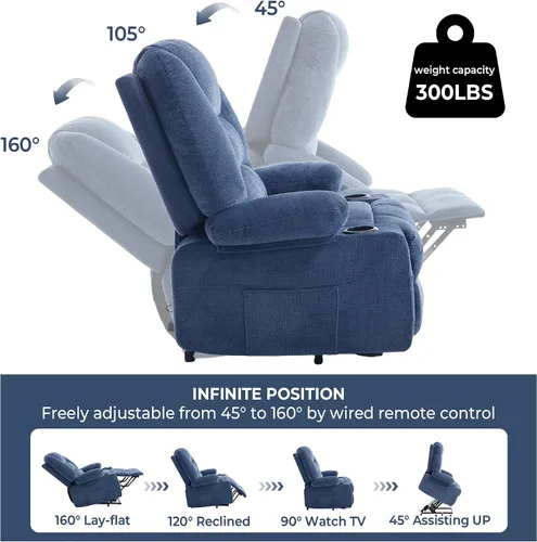 Vista 5 de Silla reclinable eléctrica para personas mayores con puerto USB, silla reclinable de masaje eléctrica con calor para adultos mayores, color azul