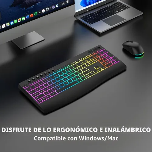 Vista 9 de Combo de teclado y mouse inalámbricos, 9 efectos retroiluminados, teclado retroiluminado recargable de 4000 mAh con reposamuñecas, mouse de 6