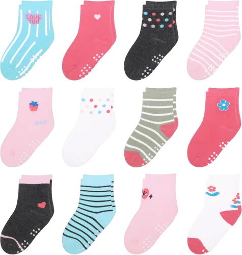 Vista 22 de 12 paquetes de calcetines antideslizantes para niños y bebés con agarre para niños de 1-7 años, calcetines de algodón de tripa para niños y niñas