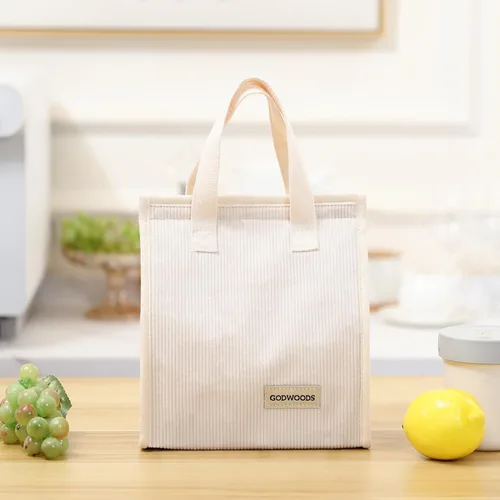 Vista 7 de TELLUMO Bolsa de almuerzo de corduroy para mujeres y hombres, linda bolsa de almuerzo con aislamiento y gran capacidad (7.5L), bolsa de almuerzo