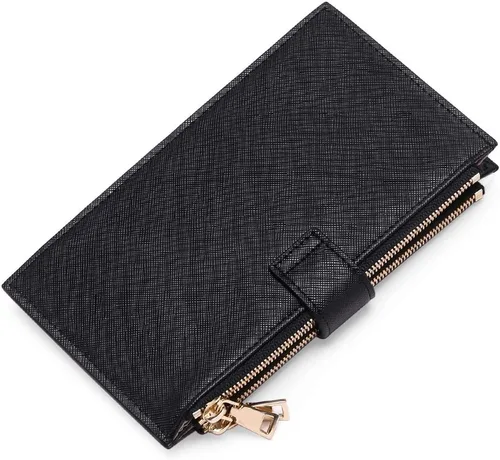 Vista 5 de GOIACII - Carteras para mujer de dos pliegues con bloqueo RFID y 2 bolsillos con cremallera, Negro, M