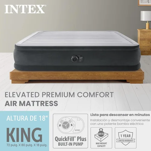 Vista 2 de Intex - Colchón de aire inflable de 18" tamaño king, comodidad premium elevada con bomba integrada, colchón de aire autoinflable portátil para cama