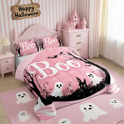 Vista 18 de Feelyou Juego de edredón de calabaza para todas las estaciones, decoración de Halloween, juego de ropa de cama con 1 funda de almohada, microfibra