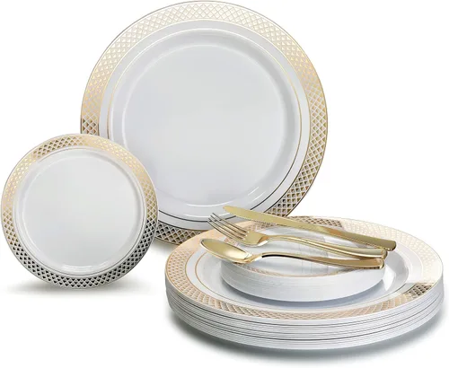 Vista 11 de Occasions" - Juego de 125 piezas (25 invitados) - Platos y cubiertos de plástico para boda, vajilla pesada desechable de 10.5 pulgadas, 6.25