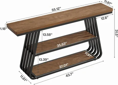 Vista 2 de Tribesigns Mesa de entrada de 55 pulgadas con estantes, mesa consola de 3 niveles con marco de hierro, mesa de entrada de madera para sala de estar