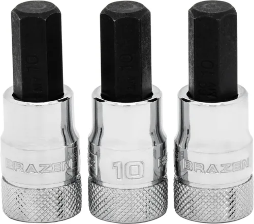 Vista 44 de BRAZEN Juego de Tres Vasos Hexagonales de 1/4"/Destornillador Allen (Carraca de 3/8", Corto)