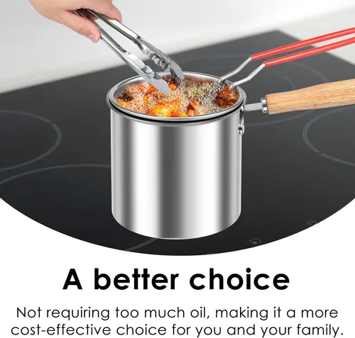Vista 7 de Olla de freidora estadounidense con cesta coladora, olla profunda de acero inoxidable con tapa de asa, mini freidora de aceite portátil, contenedor