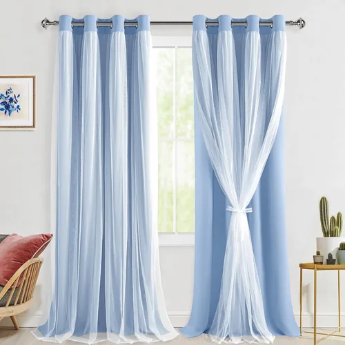Vista 82 de Hiasan Cortinas opacas con superposición transparente, aislamiento térmico para mezclar y combinar de doble capa, cortinas de oscurecimiento de Beige