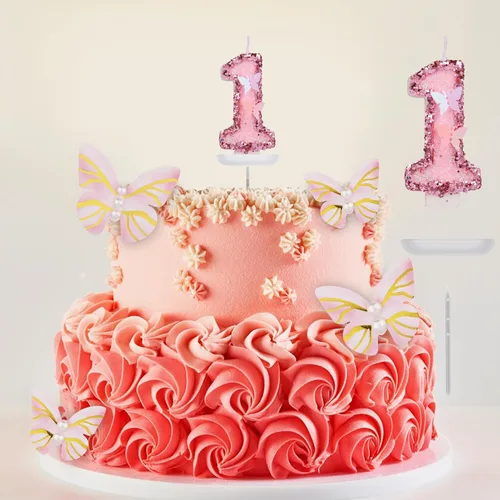 Vista 4 de Velas de números de cumpleaños, velas de números con purpurina de 2.95 pulgadas con complemento de mariposa, velas de números rosas con lentejuelas